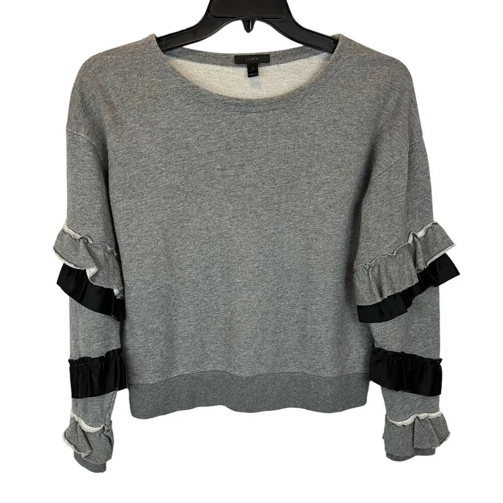 J. Crew Women's Pullover Sweatshirt w Ruffled Sleeve Size S NWOT Gray Black